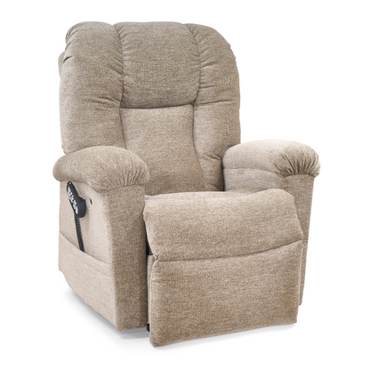 The Golden Tech PR527 Cloud Recliner With Lift Assist & Twilight - SM/MD is a plush, light brown power lift recliner featuring padded armrests, high back, remote control, and Zero Gravity positioning for comfort, shown on a white background.