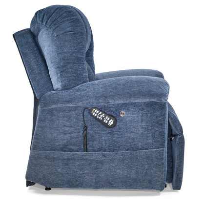 The Golden Tech PR527 Cloud Recliner With Lift Assist & Twilight - SM/MD is a blue upholstered power lift recliner with thick cushions, wired remote in a side pocket, and an elevated footrest for ultimate comfort.