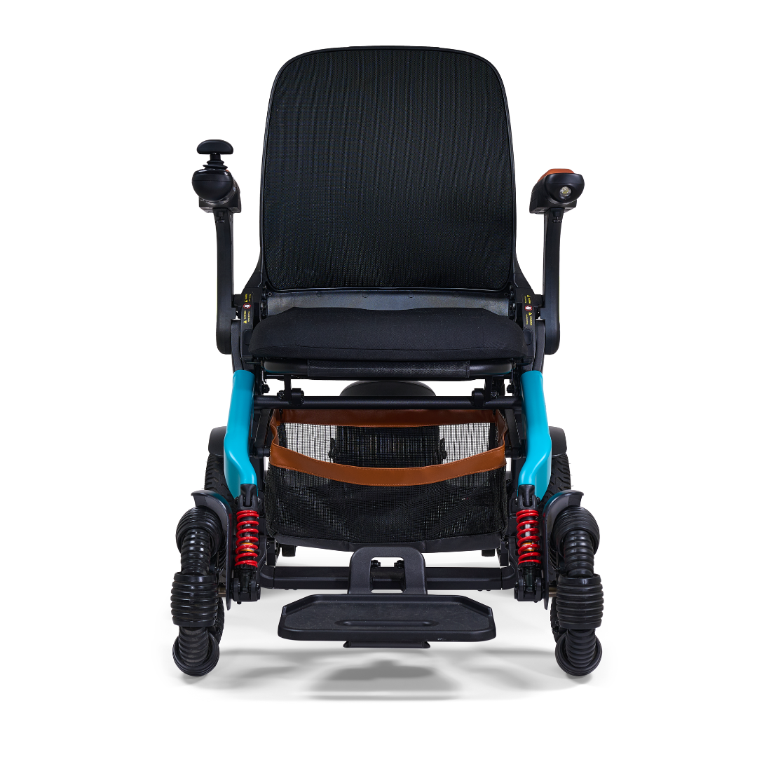 Front view of the Golden Tech Ally Pro Smart All-Terrain Power Wheelchair, featuring red suspension springs, teal side arms, and a black mesh seat. Enhanced by advanced robotics, it has omni-directional wheels and a joystick on the armrest for seamless navigation.
