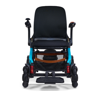 Front view of the Golden Tech Ally Pro Smart All-Terrain Power Wheelchair, featuring red suspension springs, teal side arms, and a black mesh seat. Enhanced by advanced robotics, it has omni-directional wheels and a joystick on the armrest for seamless navigation.