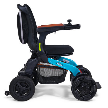 The Golden Tech Ally Pro Smart All-Terrain Power Wheelchair features a blue frame, an adjustable black seat, and omni-directional wheels for superior maneuverability. It includes a right armrest control panel and APP control.