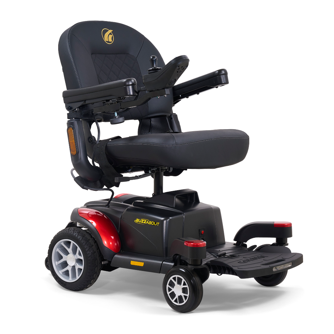 The black and red Golden Tech BuzzAbout Portable Power Wheelchair offers a padded seat, armrests, joystick control, footrest, and four wheels for comfort and independence. Its portability adds extra convenience for users on the go.