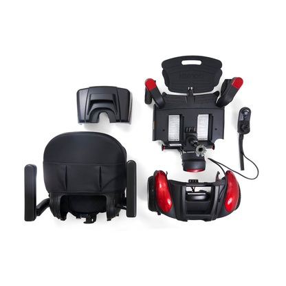 Four key parts of a disassembled Golden Tech BuzzAbout Portable Power Wheelchair in black and red are arranged on a white background: the seat, backrest, wheeled base, and control panel.