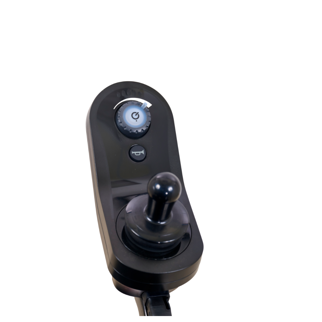 Close-up of a black joystick controller with a knob, power button, and horn symbol button, designed for the Golden Tech BuzzAbout Portable Power Wheelchair on a white background.
