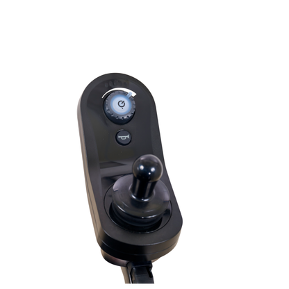 Close-up of a black joystick controller with a knob, power button, and horn symbol button, designed for the Golden Tech BuzzAbout Portable Power Wheelchair on a white background.