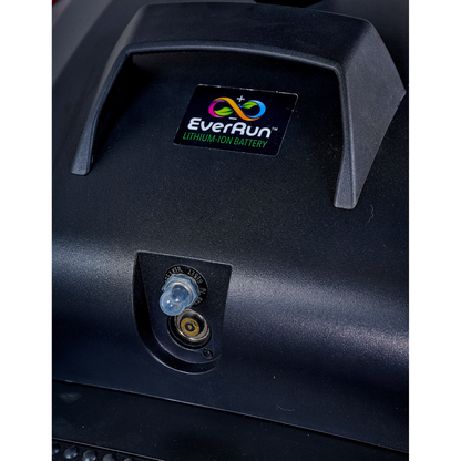 Close-up of a black EverRun lithium-ion battery pack for the Golden Tech Buzzaround GB152 XL+ 4-Wheel Mobility Scooter, showing a top handle and a charging port with a rubber cap below the brand label.