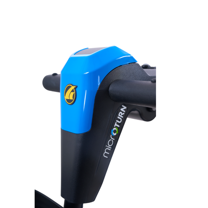 Close-up of the handlebar and display panel of a microTURN electric scooter, with a blue top and microTURN logo on its black frame—offering innovation comparable to the Golden Tech Buzzaround GB152 XL+ 4-Wheel Mobility Scooter.