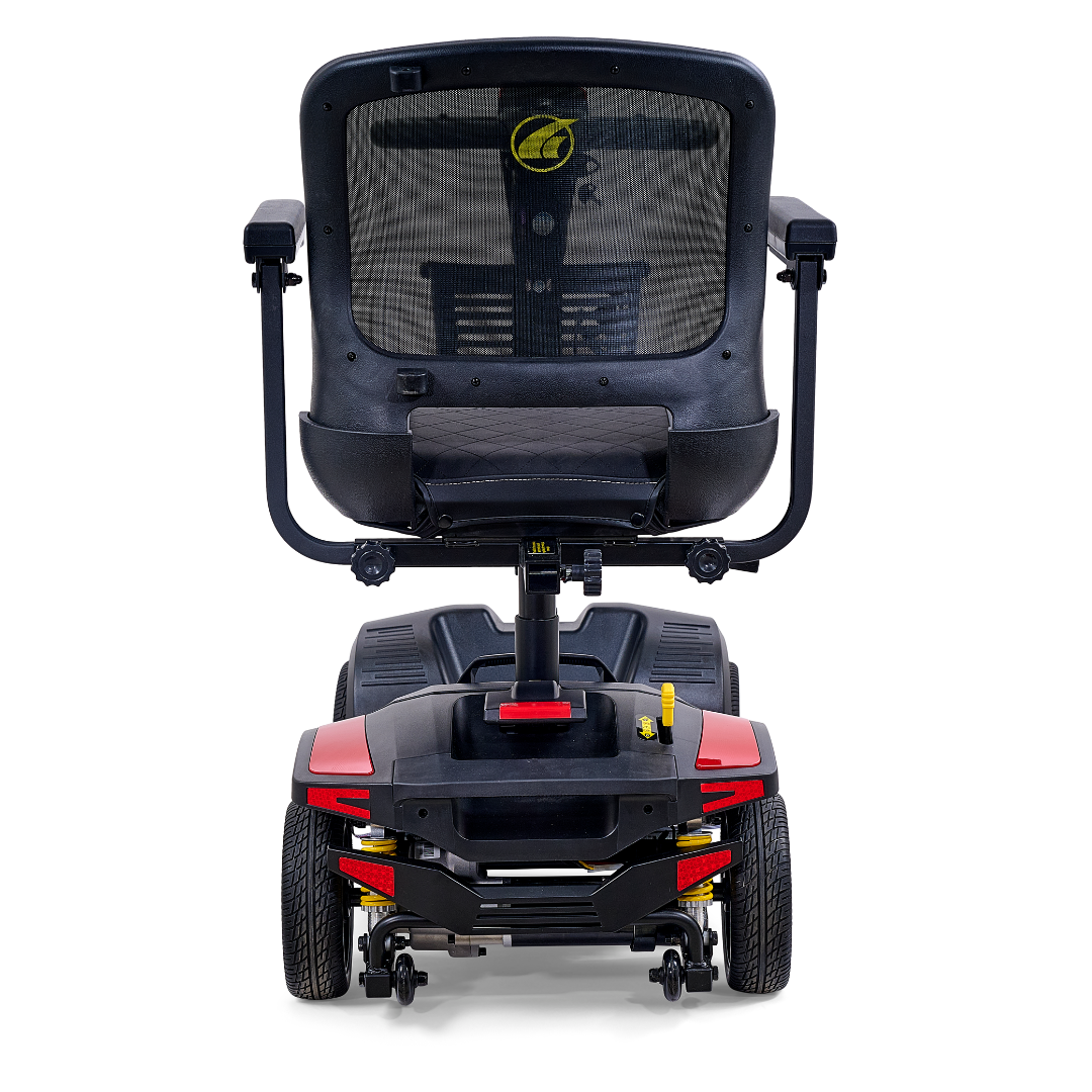 A rear view of a black and red Golden Tech Buzzaround GB152 XL+ 4-Wheel Mobility Scooter with mesh backrest, dual armrests, and visible wheels, photographed against a white background.