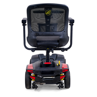 A rear view of a black and red Golden Tech Buzzaround GB152 XL+ 4-Wheel Mobility Scooter with mesh backrest, dual armrests, and visible wheels, photographed against a white background.