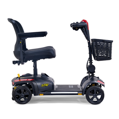 The Golden Tech Buzzaround GB152 XL+ 4-Wheel Mobility Scooter features a black and red design, cushioned seat with armrests, handlebar controls, and a front-mounted black basket for convenience.