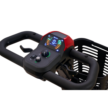 Close-up of the control panel and handlebars of the Golden Tech Buzzaround GB152 XL+ 4-Wheel Mobility Scooter, showing its digital display, buttons, speed knob, and a black basket in the background.