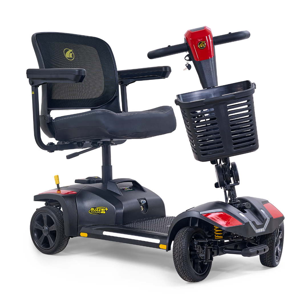 The Golden Tech Buzzaround GB152 XL+ is a black and red 4-wheel mobility scooter featuring a mesh backrest, armrests, and front basket, designed for personal transportation and accessibility.