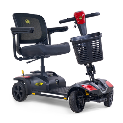 The Golden Tech Buzzaround GB152 XL+ is a black and red 4-wheel mobility scooter featuring a mesh backrest, armrests, and front basket, designed for personal transportation and accessibility.