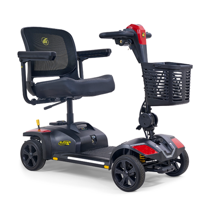 The Golden Tech Buzzaround GB152 XL+ 4-Wheel Mobility Scooter features a black and red design, mesh backrest, armrests, front basket, and four wheels for dependable personal transportation and easy accessibility.