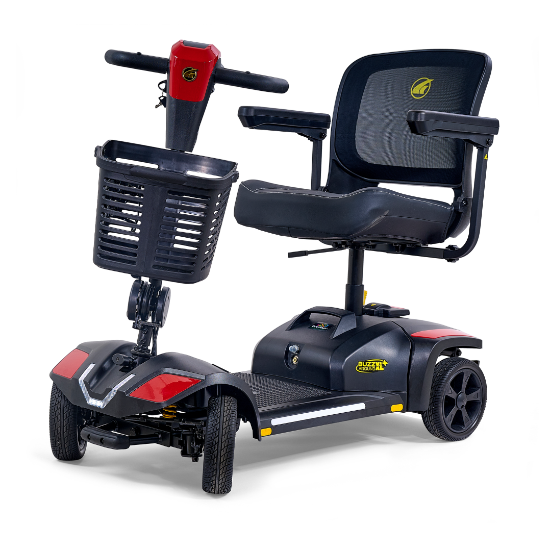 The Golden Tech Buzzaround GB152 XL+ is a black and red 4-wheel mobility scooter featuring a mesh backrest, armrests, front basket, and headlights, designed for easy personal transportation.