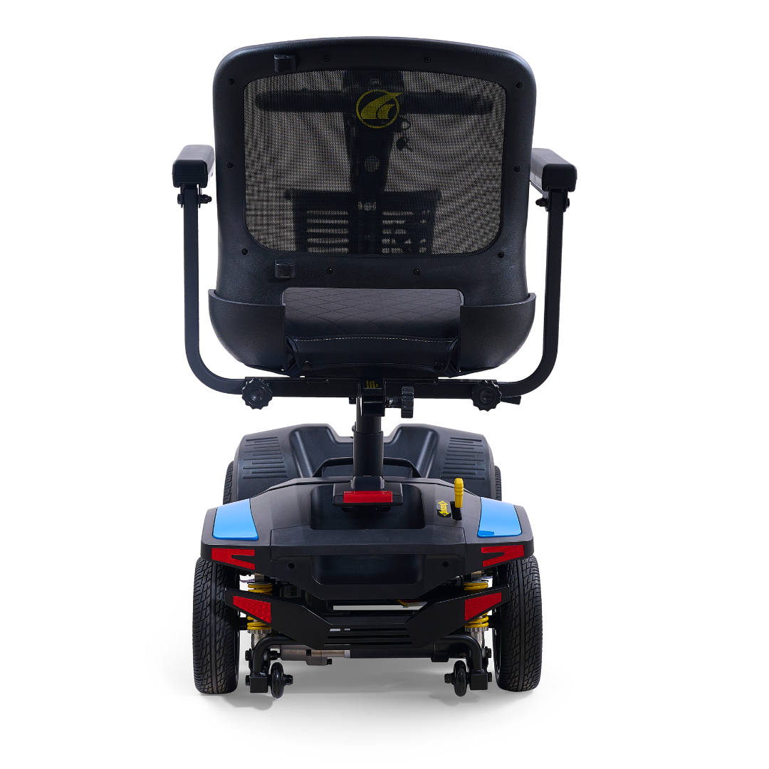 Rear view of a black and blue Golden Tech Buzzaround GB152 XL+ 4-Wheel Mobility Scooter with armrests, mesh backrest, and visible wheels, designed for personal mobility and accessibility.
