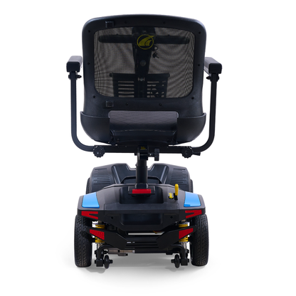 Rear view of a black and blue Golden Tech Buzzaround GB152 XL+ 4-Wheel Mobility Scooter with armrests, mesh backrest, and visible wheels, designed for personal mobility and accessibility.