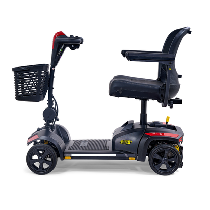 A Golden Tech Buzzaround GB152 XL+ 4-Wheel Mobility Scooter in black features a front basket, padded seat with armrests, and handlebars, shown from the side against a white background.