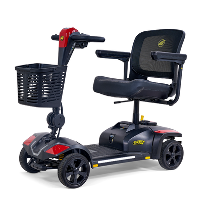 The Golden Tech Buzzaround GB152 XL+ 4-Wheel Mobility Scooter features a black and red design, front basket, padded seat with armrests, foot platform, and mesh backrest for personal transportation.
