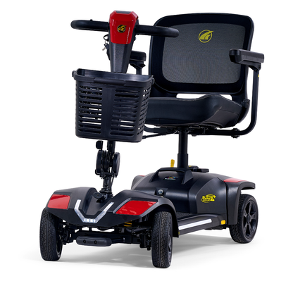 The Golden Tech Buzzaround GB152 XL+ 4-Wheel Mobility Scooter is shown in black and red with a mesh seat, armrests, front basket, and four wheels, viewed from the front at a slight angle.