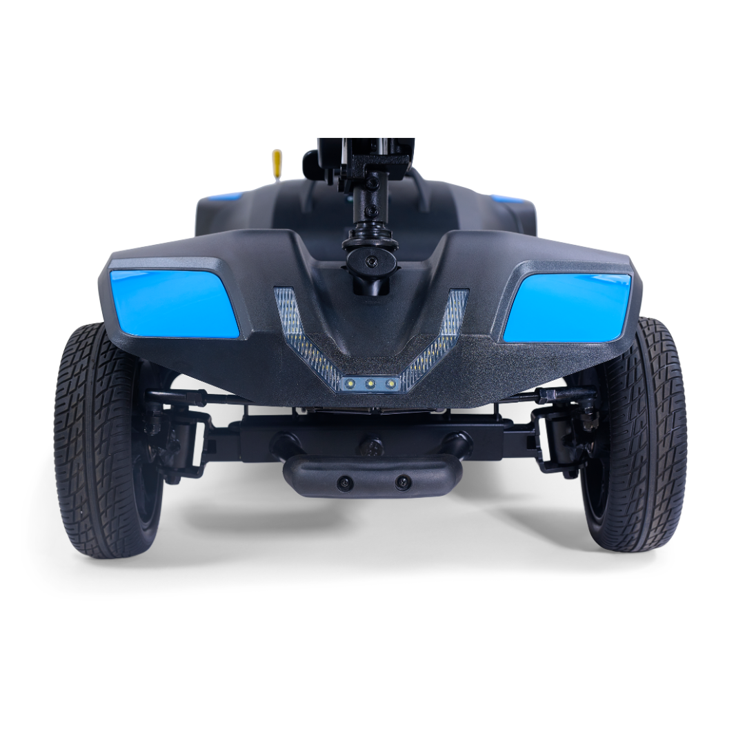 Front view of the Golden Tech Buzzaround GB152 XL+ 4-Wheel Mobility Scooter, featuring a black body with blue accents and two large tires, displayed on a white background.