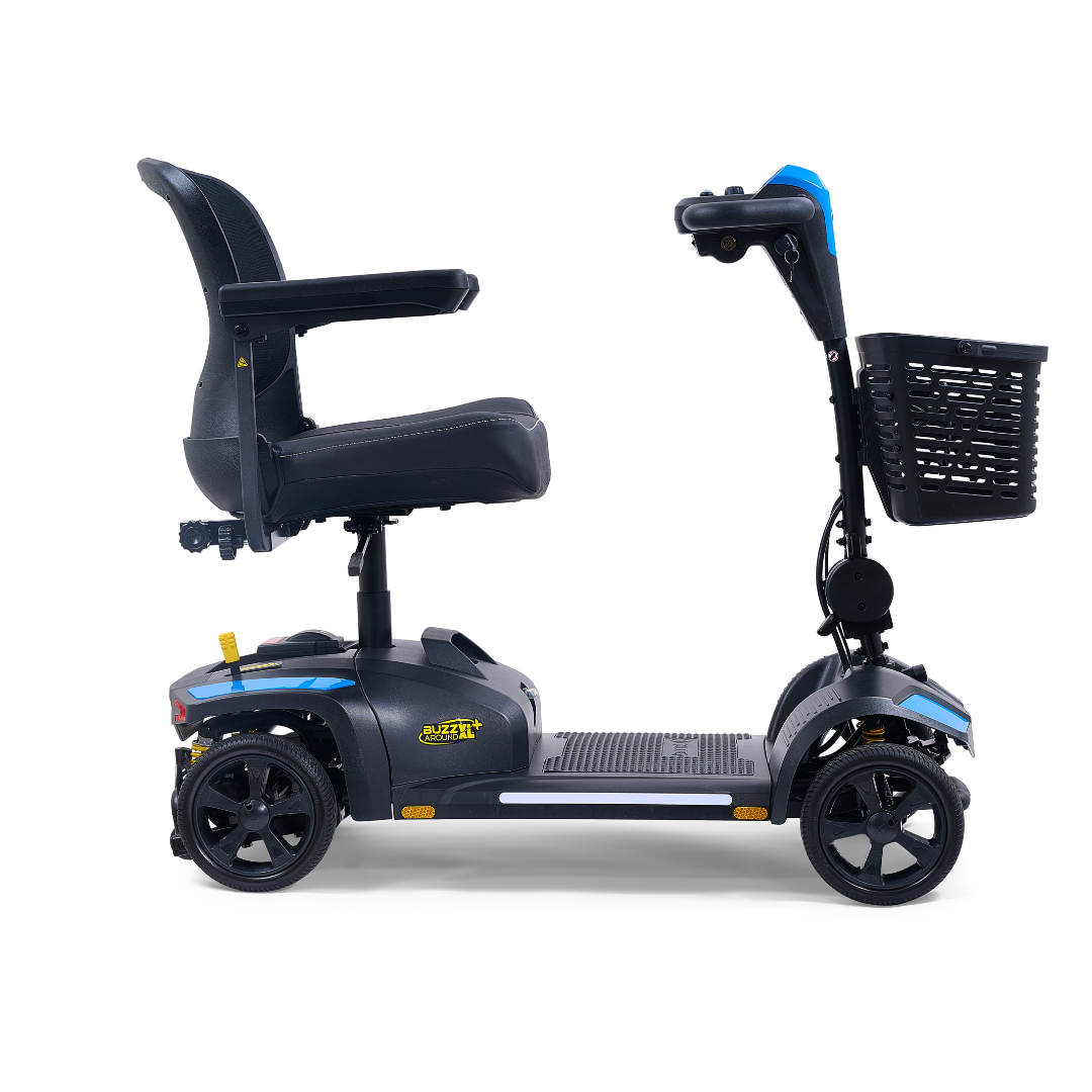 The Golden Tech Buzzaround GB152 XL+ 4-Wheel Mobility Scooter is shown side view on a white background, featuring a black seat, raised armrests, blue and black frame, front basket, and large wheels.