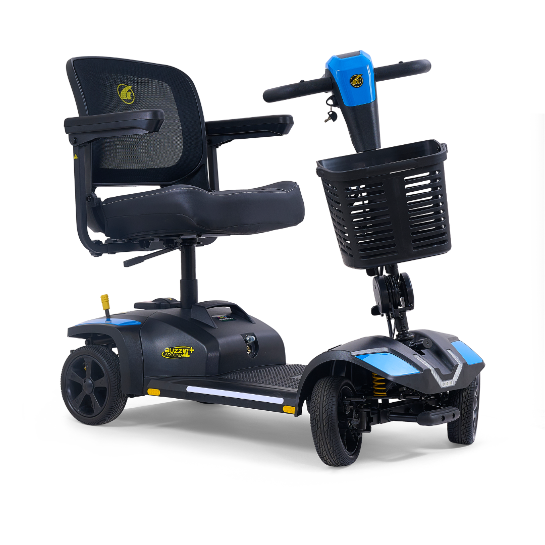 The Golden Tech Buzzaround GB152 XL+ 4-Wheel Mobility Scooter is a black and blue scooter with a mesh front basket, padded seat, armrests, and four wheels—designed for comfortable personal transportation.