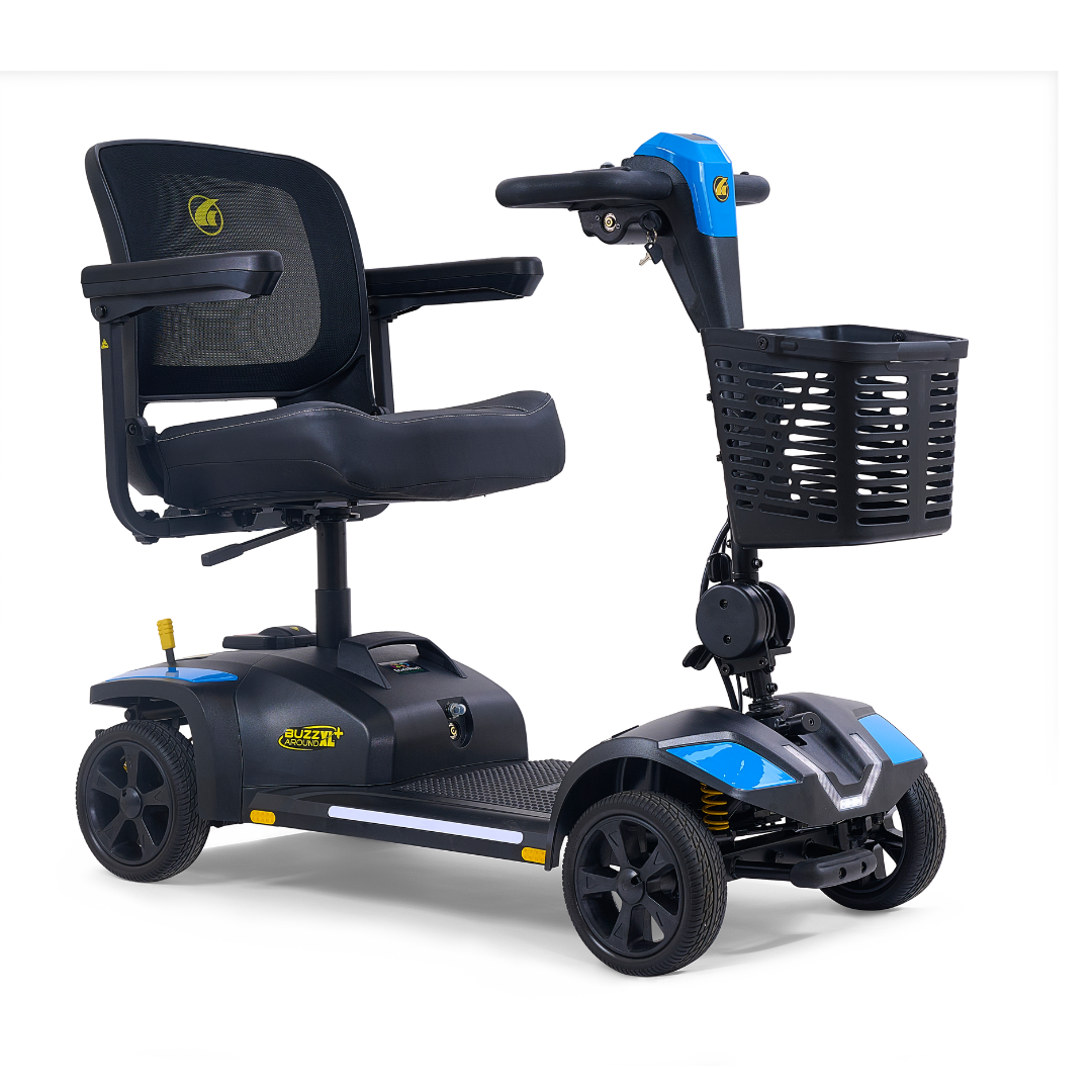 The Golden Tech Buzzaround GB152 XL+ 4-Wheel Mobility Scooter features a compact design, black cushioned seat with armrests, mesh backrest, blue accents, and a front basket. It is shown on a white background.