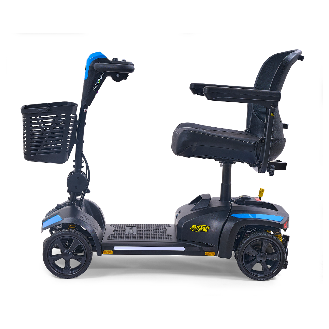 The Golden Tech Buzzaround GB152 XL+ 4-Wheel Mobility Scooter, in black and blue, features a padded seat with armrests and a front basket, shown from the side against a white background.