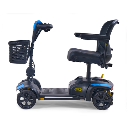 The Golden Tech Buzzaround GB152 XL+ 4-Wheel Mobility Scooter, in black and blue, features a padded seat with armrests and a front basket, shown from the side against a white background.