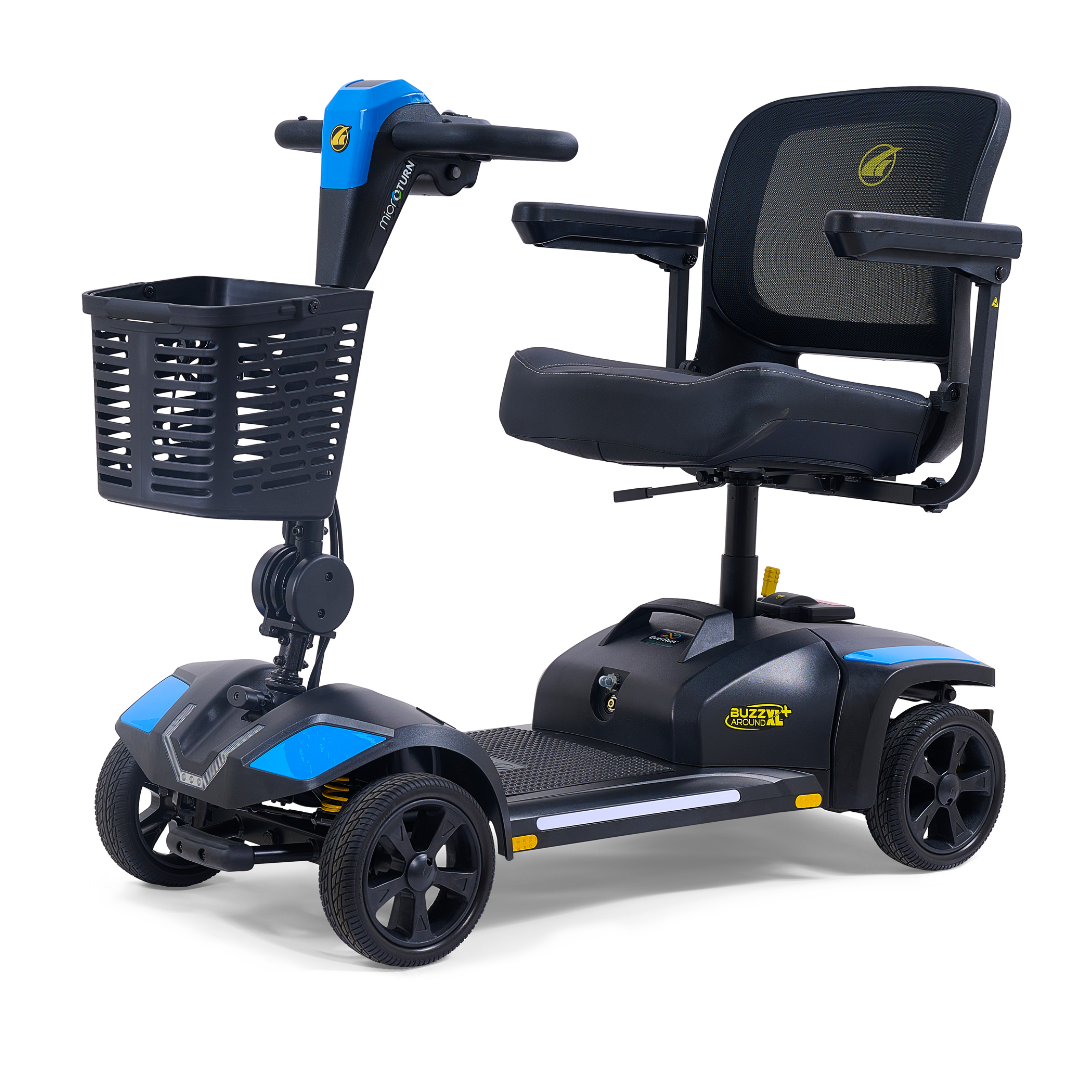 The Golden Tech Buzzaround GB152 XL+ 4-Wheel Mobility Scooter features a black seat with armrests, mesh front basket, blue body accents, and rugged wheels for reliable indoor and outdoor mobility.