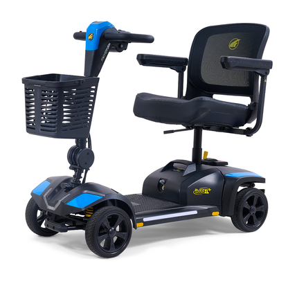 The Golden Tech Buzzaround GB152 XL+ 4-Wheel Mobility Scooter features a black seat with armrests, mesh front basket, blue body accents, and rugged wheels for reliable indoor and outdoor mobility.