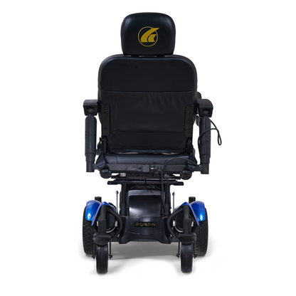 A front view of the Golden Tech GP620 Compass HD Bariatric Electric Wheelchair in black, featuring a gold logo on the headrest, blue wheel accents, armrests, and a cushioned seat.