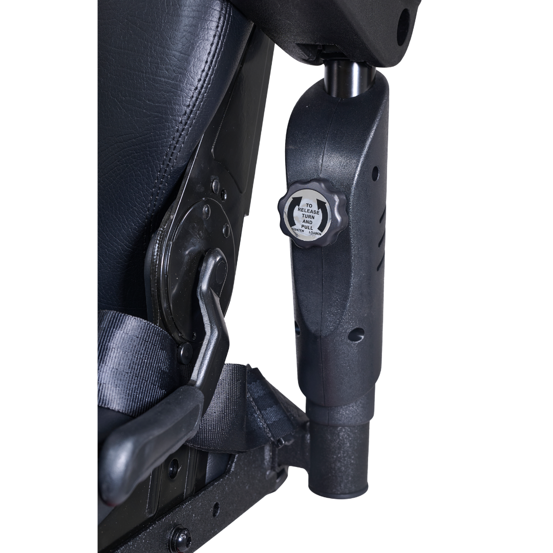 Close-up of the black adjustable seat mechanism on the Golden Tech GP620 Compass HD Bariatric Electric Wheelchair, showing a “Tilt Tension Control” knob along with parts of the seat, metal lever, and fabric strap.