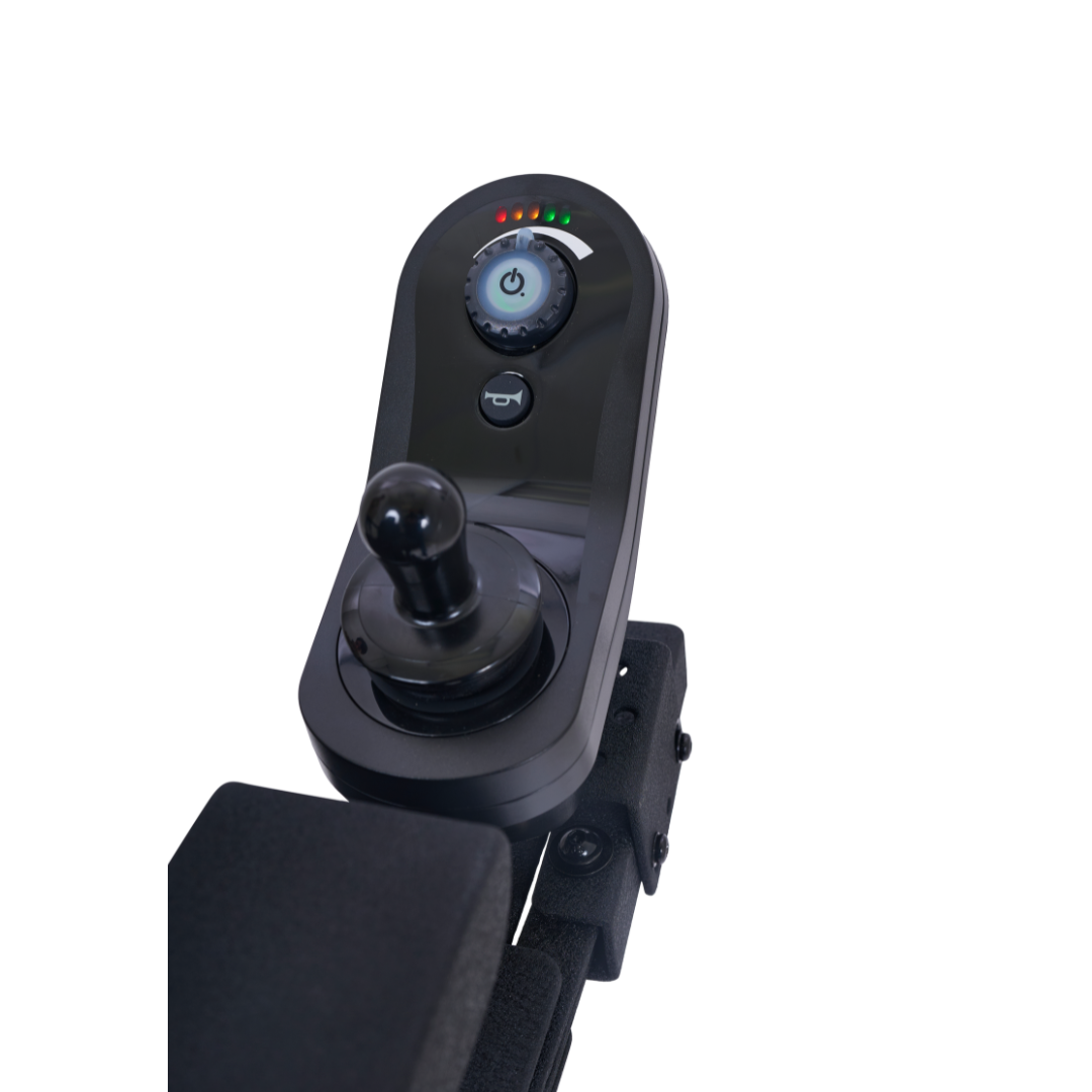 Close-up of the joystick control panel for the Golden Tech GP620 Compass HD Bariatric Electric Wheelchair, featuring a power button, status lights, speed dial, and joystick on a white background.