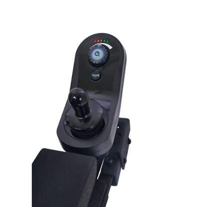 Close-up of the joystick control panel for the Golden Tech GP620 Compass HD Bariatric Electric Wheelchair, featuring a power button, status lights, speed dial, and joystick on a white background.