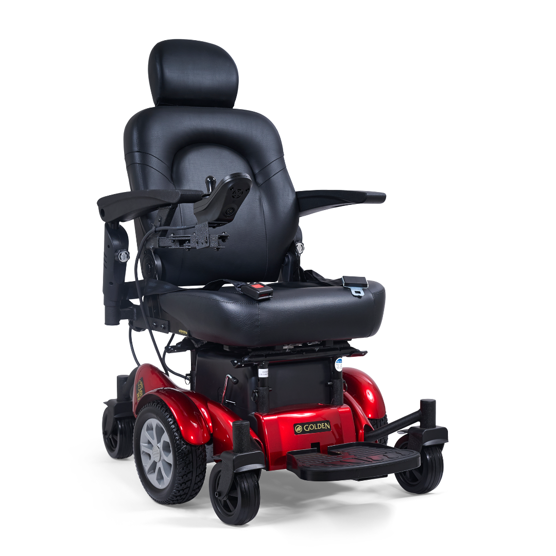 The Golden Tech GP620 Compass HD Bariatric Electric Wheelchair features a black cushioned seat, headrest, armrests, joystick control, and a shiny red base with four wheels.