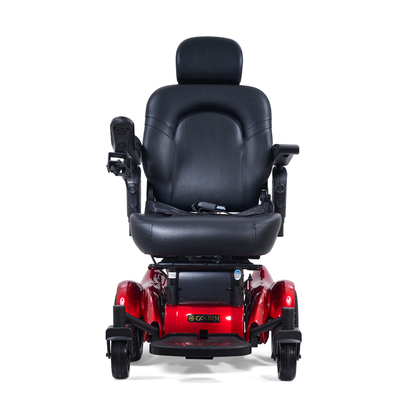 A red Golden Tech GP620 Compass HD Bariatric Electric Wheelchair with a black cushioned seat, backrest, headrest, armrests, and left-side joystick control, viewed from the front.