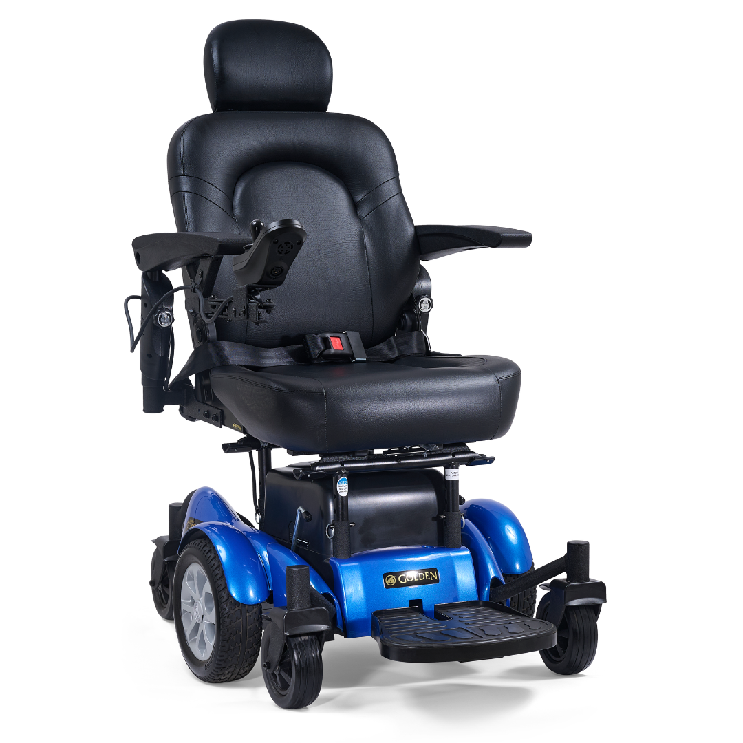 The Golden Tech GP620 Compass HD Bariatric Electric Wheelchair features a black padded seat, armrests, joystick control, and a sturdy blue four-wheel base for comfortable mobility.