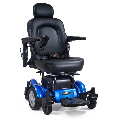 The Golden Tech GP620 Compass HD Bariatric Electric Wheelchair features a black padded seat, armrests, joystick control, and a sturdy blue four-wheel base for comfortable mobility.