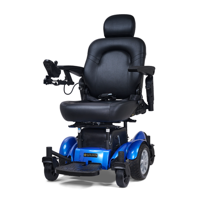 The Golden Tech GP620 Compass HD Bariatric Electric Wheelchair is a blue electric chair with a padded black seat, headrest, left-arm joystick controller, armrests, four wheels, and a footrest.
