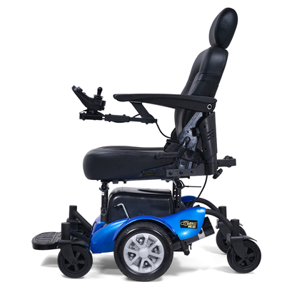 A side view of the Golden Tech GP620 Compass HD Bariatric Electric Wheelchair shows a blue base, black cushioned seat with headrest, armrests, left-side joystick control, and four sturdy wheels.