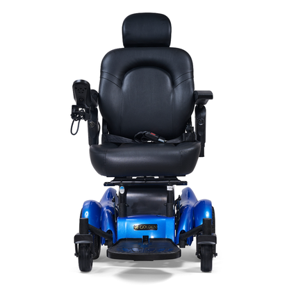 A blue Golden Tech GP620 Compass HD Bariatric Electric Wheelchair with a black cushioned seat, headrest, and armrests is shown from the front. The control panel is on the left armrest.