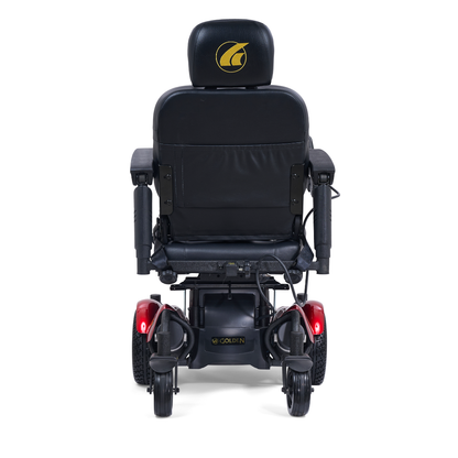 A rear view of the Golden Tech GP620 Compass HD Bariatric Electric Wheelchair shows a black headrest with a gold logo, armrests, red rear lights, and large rear wheels.