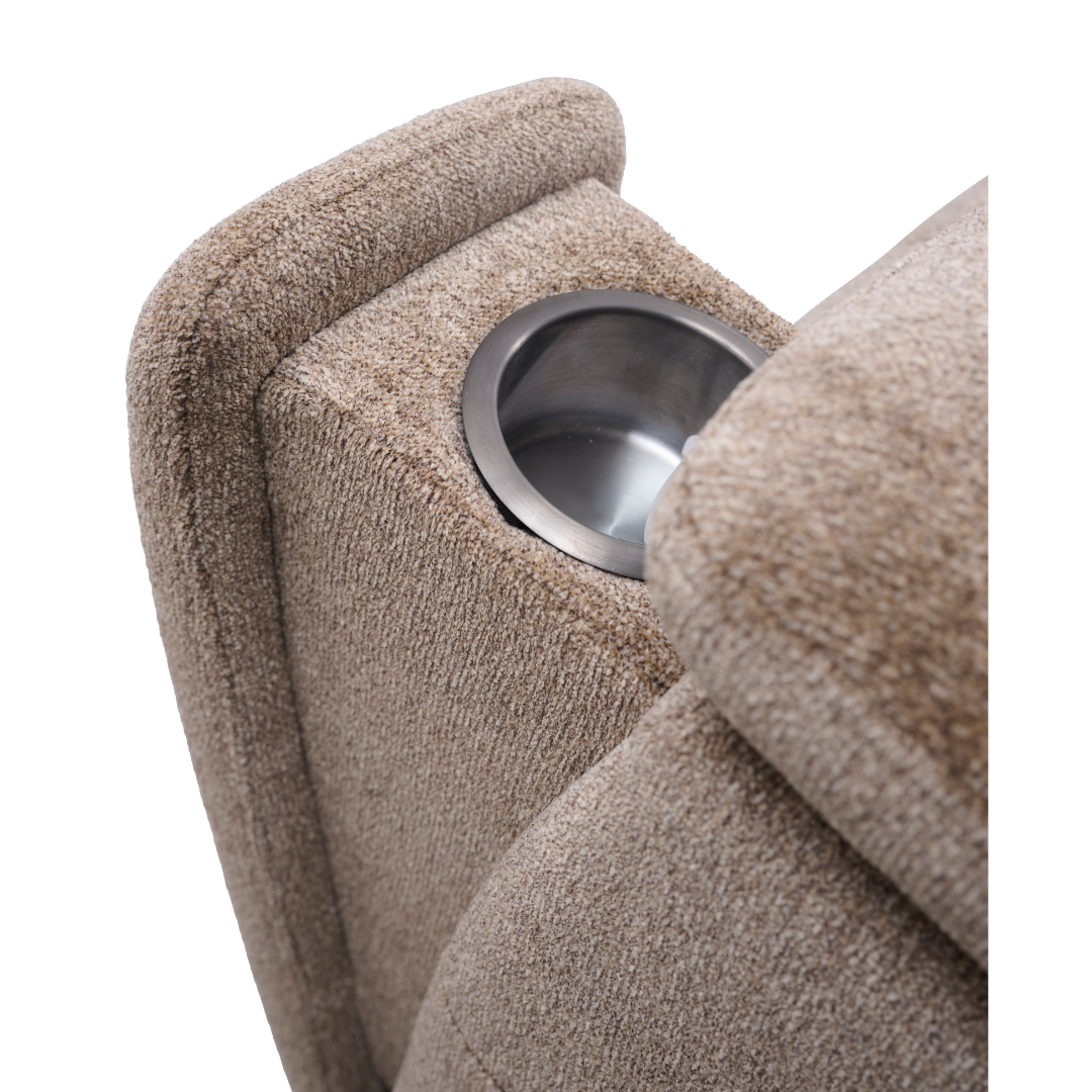 Close-up of a beige upholstered armrest on the Golden Tech Halo Power Lift Recliner with Footrest Extension & Power Headrest, featuring a built-in stainless steel cup holder against a plain white background.