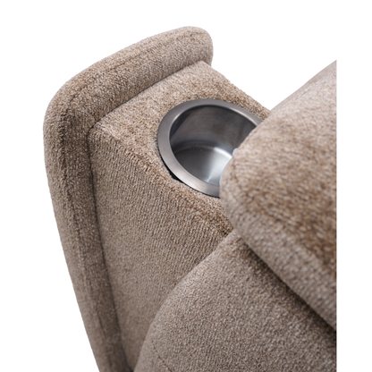 Close-up of a beige upholstered armrest on the Golden Tech Halo Power Lift Recliner with Footrest Extension & Power Headrest, featuring a built-in stainless steel cup holder against a plain white background.