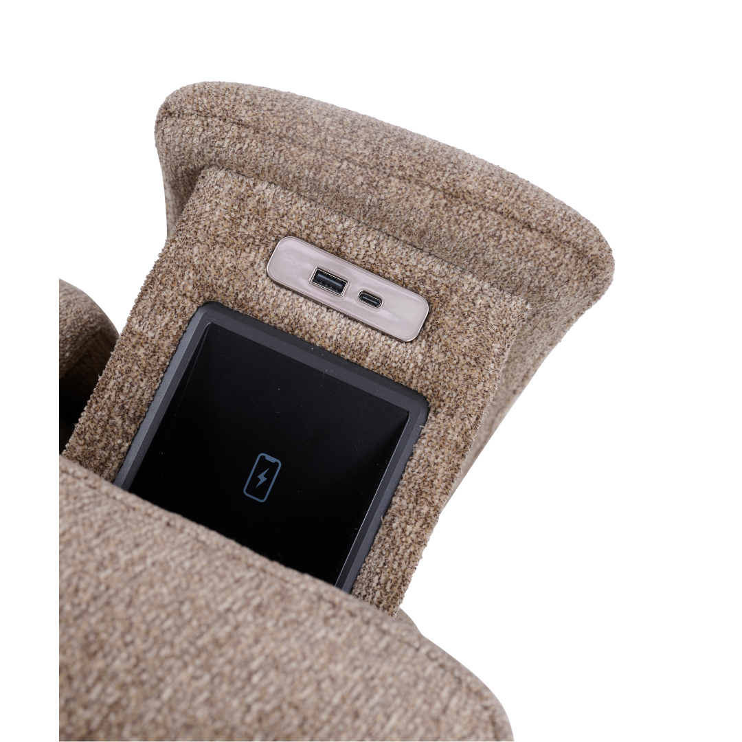 Close-up of the beige fabric armrest on the Golden Tech Halo Power Lift Recliner with Footrest Extension & Power Headrest, featuring a built-in wireless charging pad and two USB ports on a silver plate.