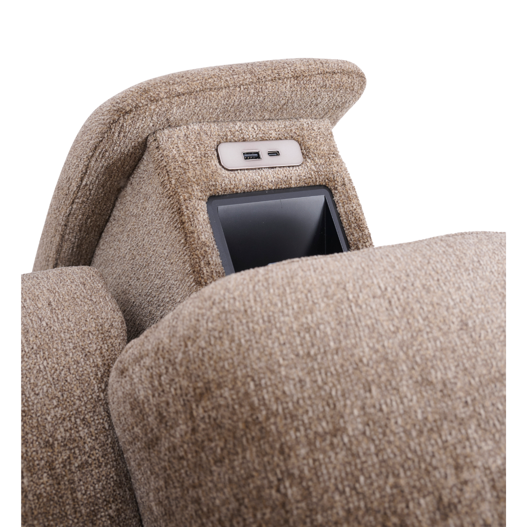 Close-up of the Golden Tech Halo Power Lift Recliner with Footrest Extension & Power Headrest, a beige upholstered chair featuring a built-in console with two USB ports and a small storage compartment.