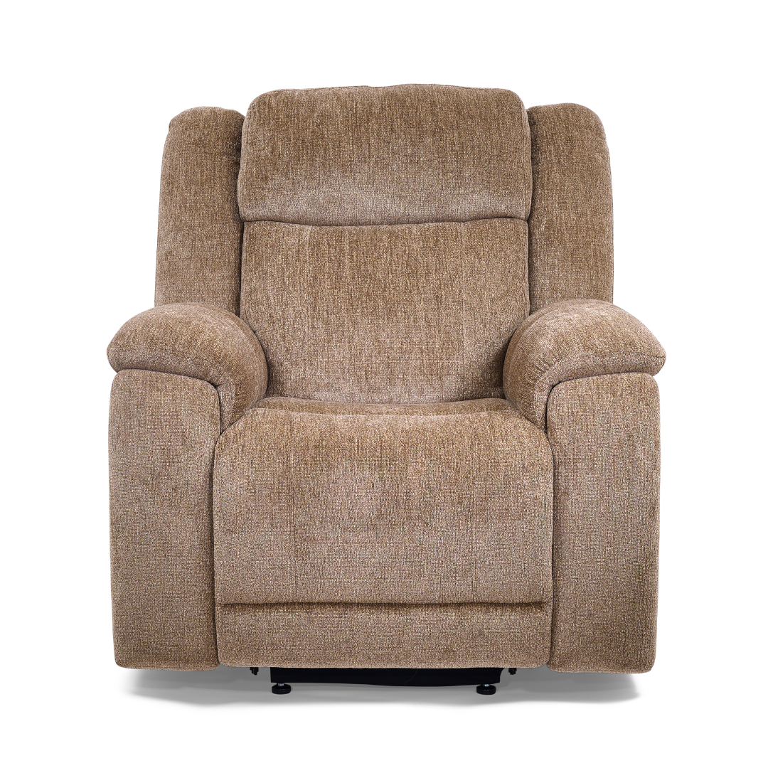A plush, light brown Golden Tech Halo Power Lift Recliner with Footrest Extension and power Headrest, featuring padded armrests and a high backrest, is shown from the front against a white background.