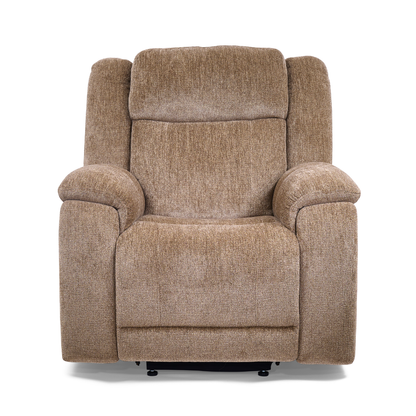 A plush, light brown Golden Tech Halo Power Lift Recliner with Footrest Extension and power Headrest, featuring padded armrests and a high backrest, is shown from the front against a white background.